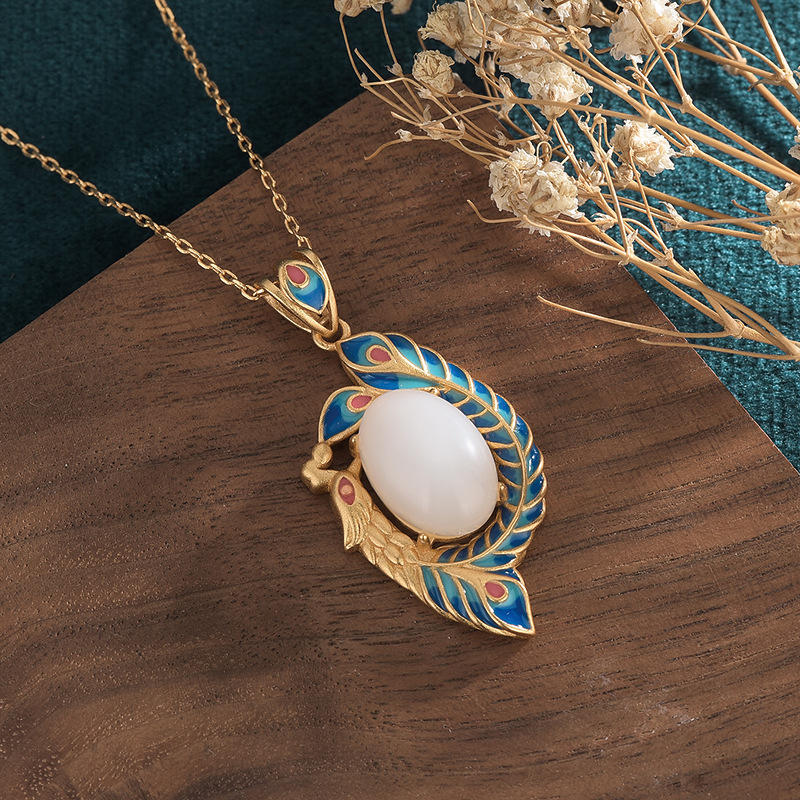 Wear FengShui White Jade Peacock Copper Blessing Necklace Pendant