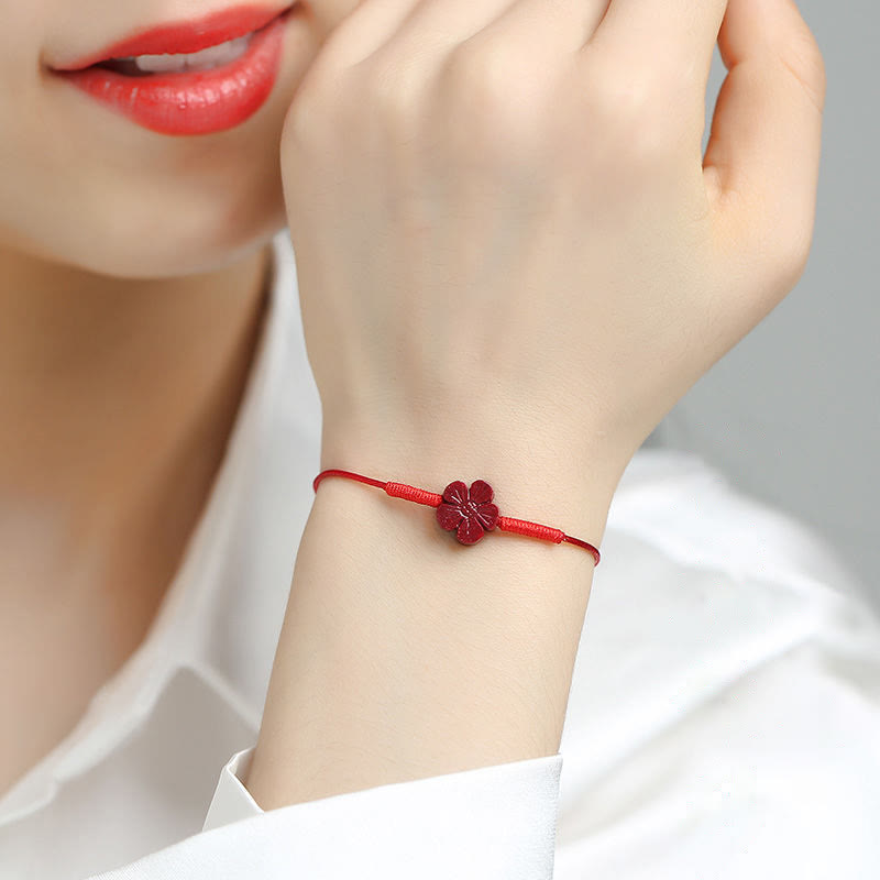 Wear FengShui Handmade Plum Blossom Four Leaf Clover PiXiu Lotus Koi Fish Cinnabar Blessing Braid Bracelet