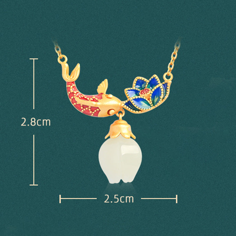 Wear FengShui White Jade Koi Fish Lotus Copper Protection Necklace Pendant