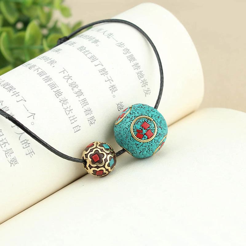 Wear FengShui Tibetan Turquoise Double Bead Protection Strength Necklace Pendant