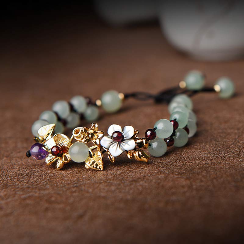 Wear FengShui Green Aventurine Garnet Bead Flower Petal Luck Bracelet