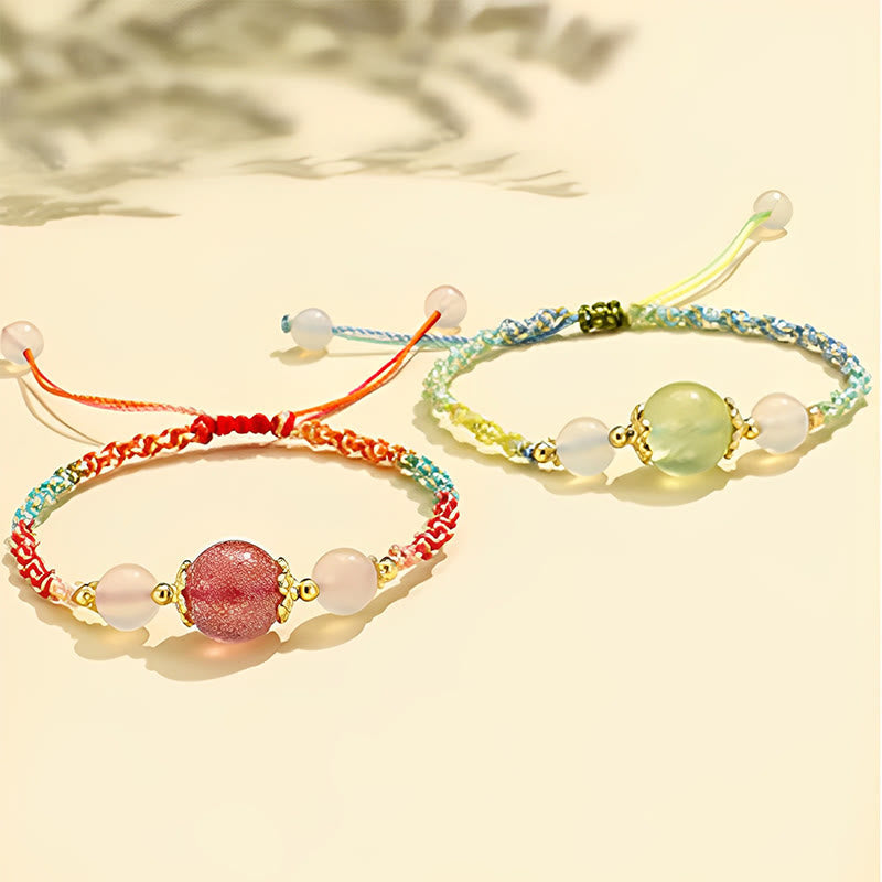 Wear FengShui Strawberry Quartz Pink Crystal Prehnite White Agate Bead Healing Rope Bracelet