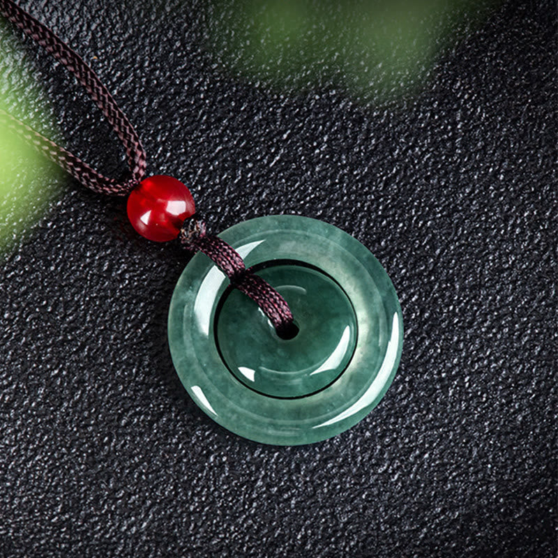 Wear FengShui Green Jade Double Peace Buckle Abundance Necklace Pendant