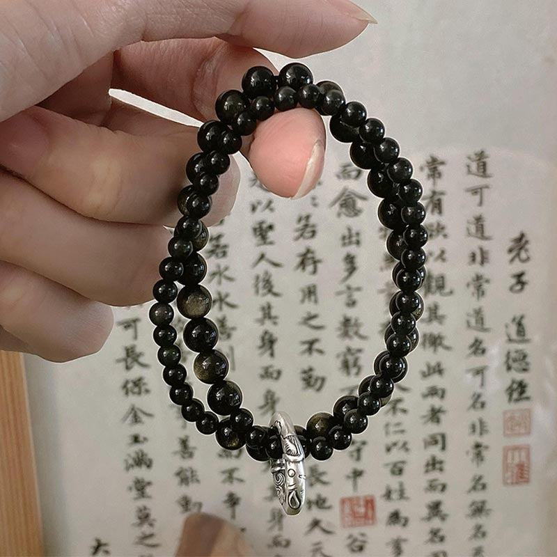 Wear FengShui 999 Sterling Silver Black Obsidian Fulfillment Strength Double Layer Bracelet