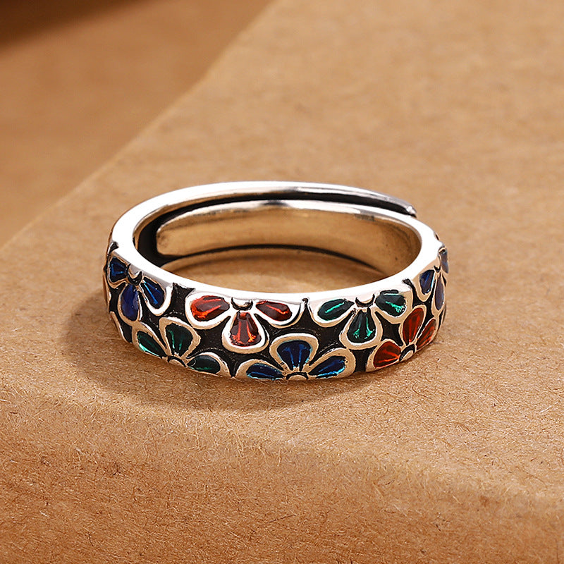 Wear FengShui Colorful Plum Blossoms Design Healing Copper Adjustable Ring