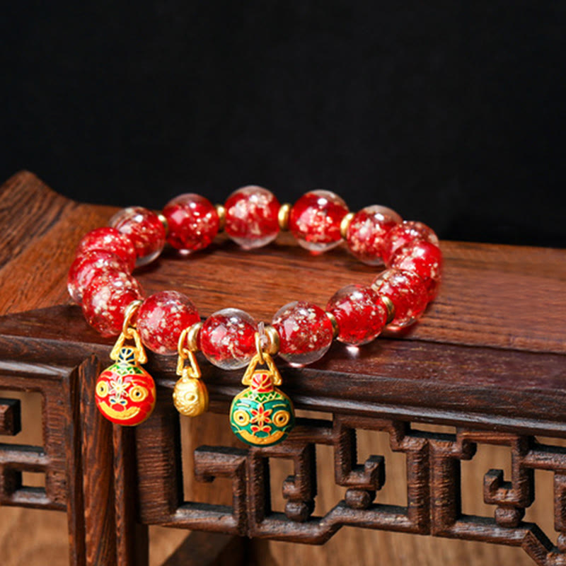 Wear FengShui Gold Swallowing Beast Family Charm Luminous Fluorescent Liuli Glass Bead Success Bracelet