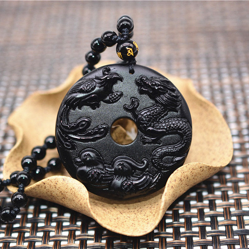 Wear FengShui Black Obsidian Dragon Phoenix Mandarin Duck Luck Protection Necklace Pendant