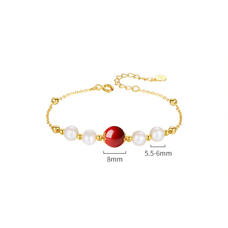 Wear FengShui 925 Sterling Silver Pearl Cinnabar Healing Bead Chain Bracelet