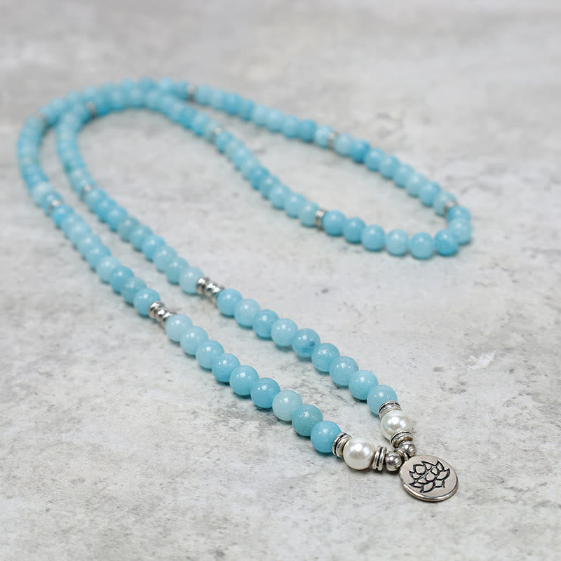 Wear FengShui Natural Amazonite Stone Healing Lotus Mala Bracelet