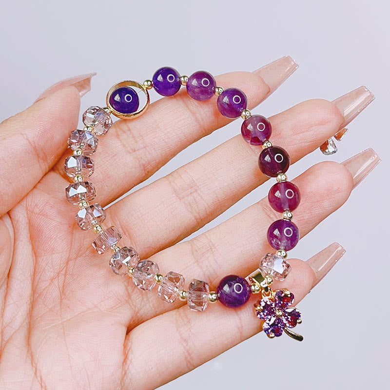 Wear FengShui Amethyst Crystal Four Leaf Clover Healing Charm Bracelet
