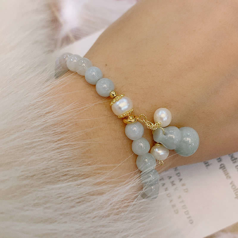 Wear FengShui Natural Jade Pearl Gourd Prosperity Luck Bracelet