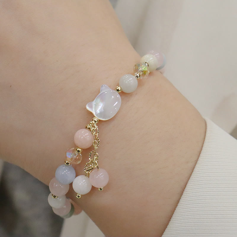 Wear FengShui Natural Strawberry Quartz Morganite Tridacna Stone Cat Love Bracelet