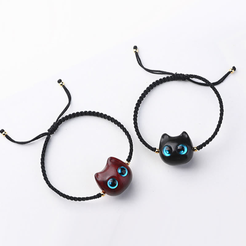 Wear FengShui Small Leaf Red Sandalwood Ebony Wood Cute Cat Head Calm Protection Braided Bracelet