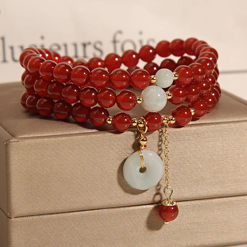 Wear FengShui Natural Red Agate Jade Peace Buckle Calm Triple Wrap Bracelet