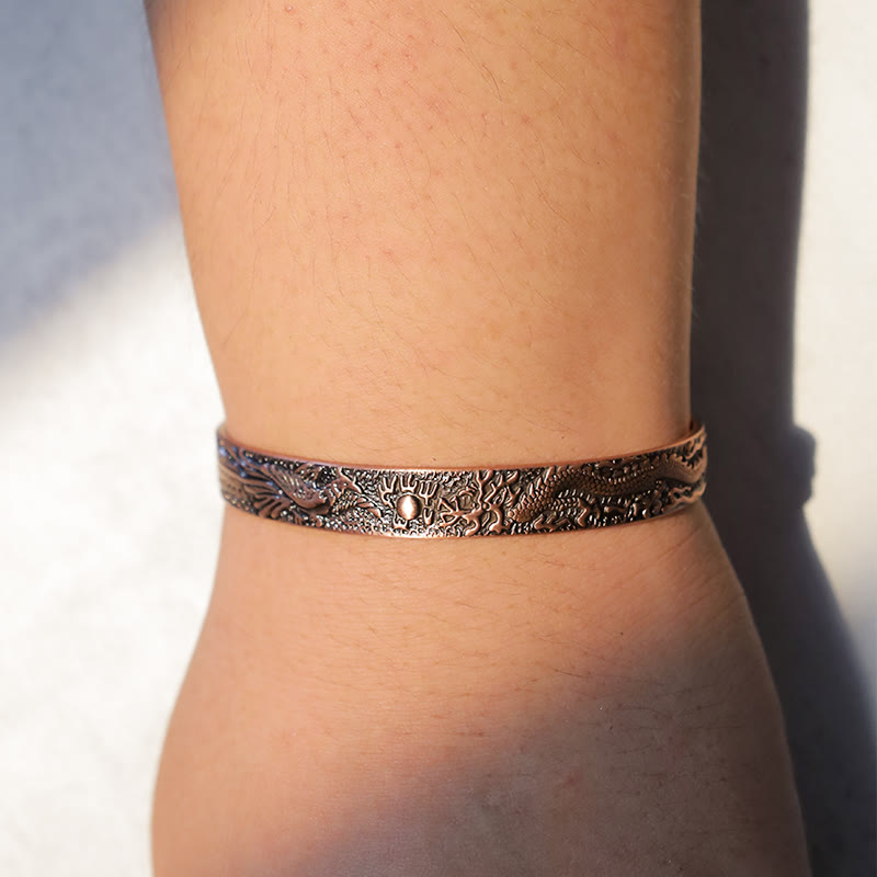 Wear FengShui Dragon Phoenix Magnetic Solid Copper Cuff Bracelet Bangle