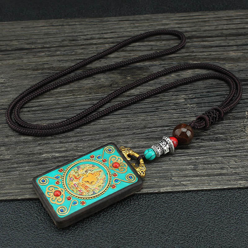 Wear FengShui Tibet God Of Wealth Money Tree Golden Phoenix Thangka Ebony Peace Necklace Pendant