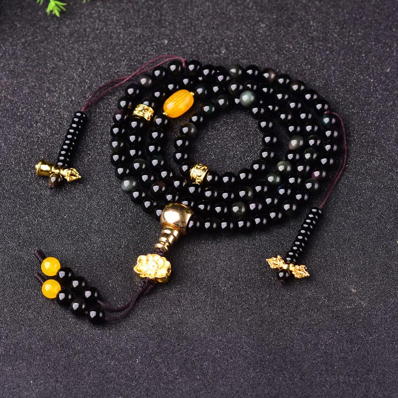Wear FengShui 108 Beads Natural Black Obsidian Lotus Fulfilment Mala Bracelet
