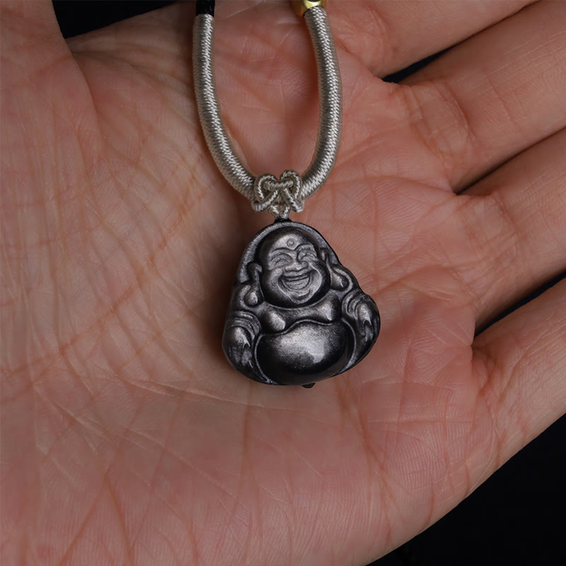 Wear FengShui Natural Silver Sheen Obsidian Laughing Buddha Protection Necklace Pendant