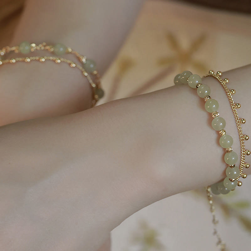 Wear FengShui 14K Gold Plated 2 Layers Hetian Jade Bead Luck Prosperity Bracelet