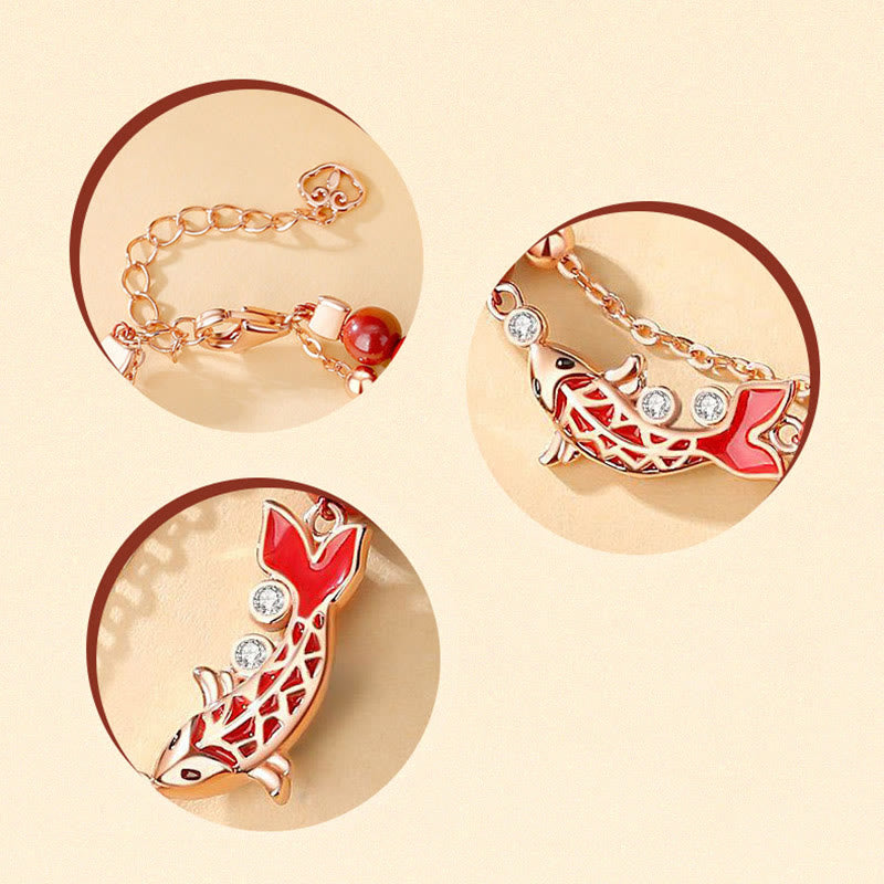 Wear FengShui 925 Sterling Silver Lucky Koi Fish Cinnabar Zircon Prosperity Double Layer Chain Bracelet