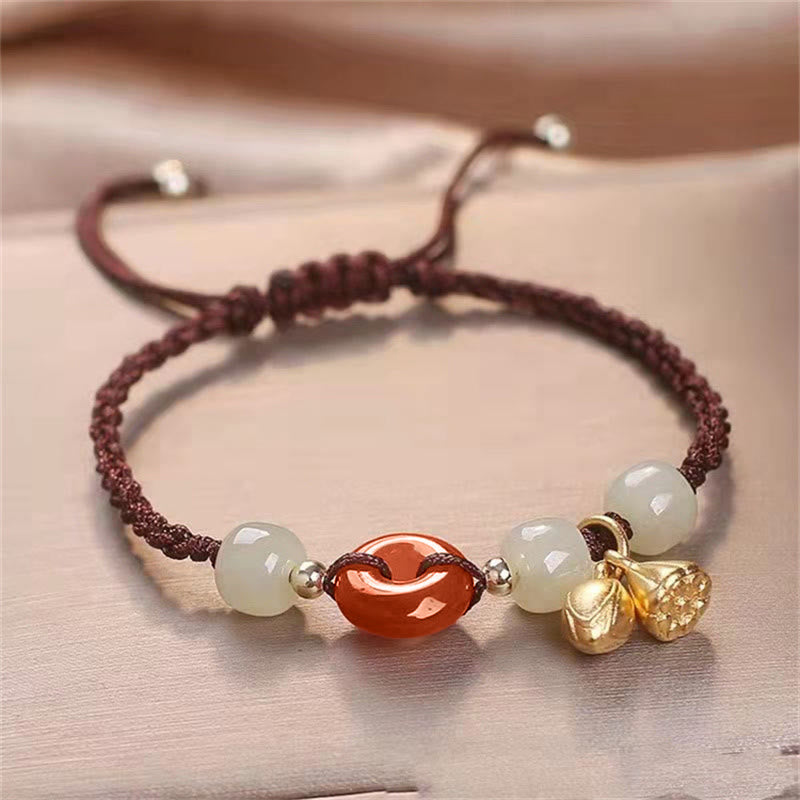 Wear FengShui Red Agate Peace Buckle Jade Lotus Healing Braided Bracelet