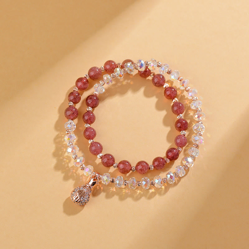 Wear FengShui Strawberry Quartz White Crystal Money Bag Charm Positive Bracelet