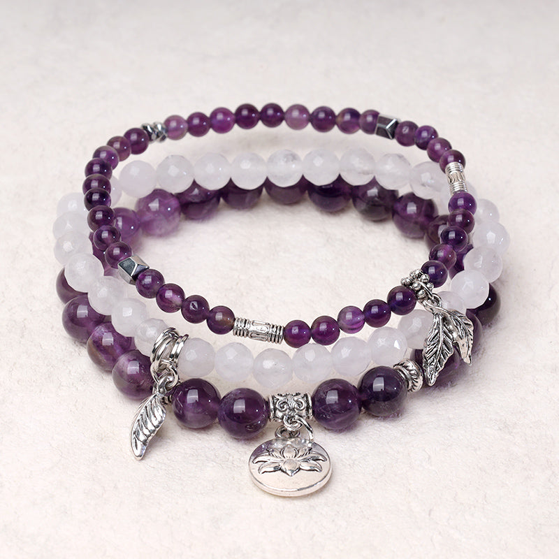Wear FengShui 3PCS Natural Quartz Crystal Beaded Healing Energy Lotus Bracelet