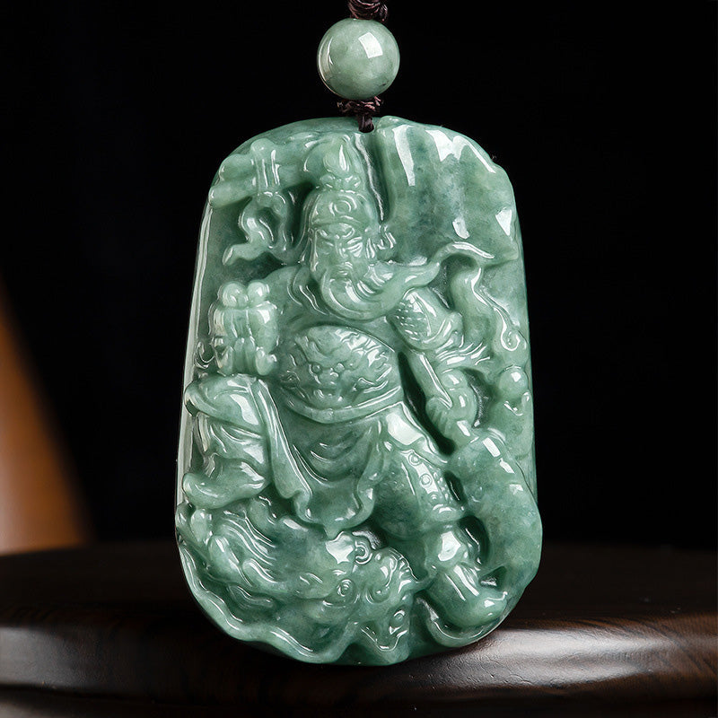 Wear FengShui Natural Jade Guan Gong Amulet Wealth Necklace Pendant