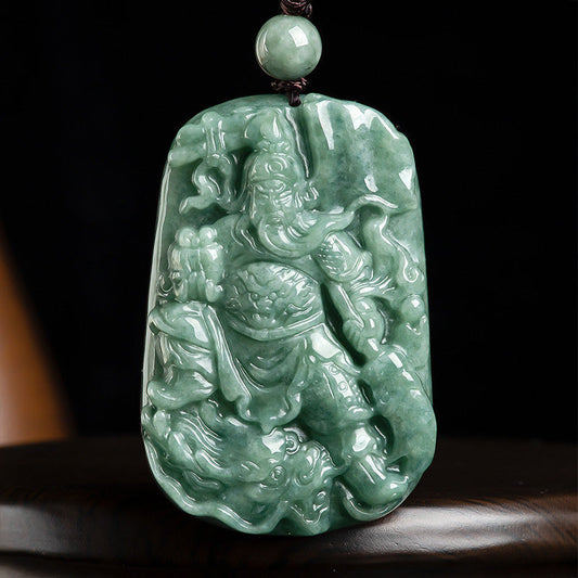 Wear FengShui Natural Jade Guan Gong Amulet Wealth Necklace Pendant