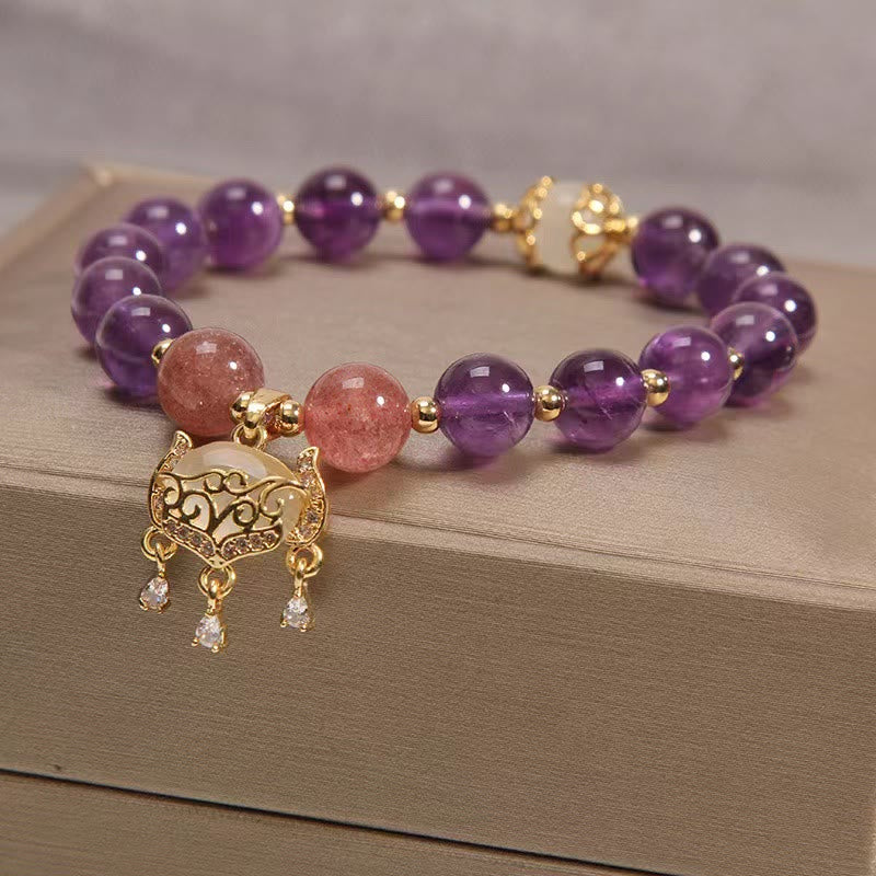 Wear FengShui Natural Amethyst Strawberry Quartz Cat Eye Chinese Lock Charm Healing Bracelet