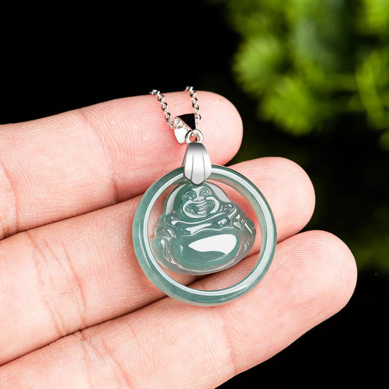 Wear FengShui Natural Jade Round Laughing Buddha Abundance Titanium Steel Chain Necklace Pendant