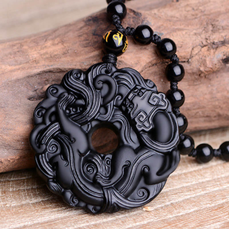 Wear FengShui Natural Black Obsidian Peace Buckle Pixiu Purification Necklace Pendant