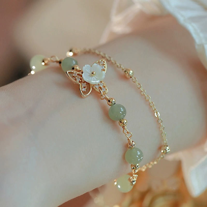 Wear FengShui 14K Gold Plated Jade Butterfly Tridacna Stone Flower Double Layer Luck Bracelet