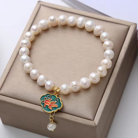 Wear FengShui Natural Pearl Lotus Koi Fish Goldfish Optimism Charm Bracelet