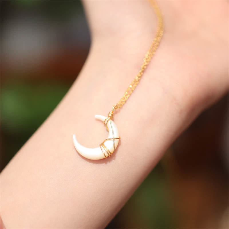Wear FengShui Natural Tridacna Stone Crescent Moon Blessing Necklace Pendant
