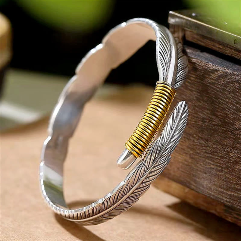Wear FengShui Feather Pattern Engraved Luck Cuff Bracelet Bangle
