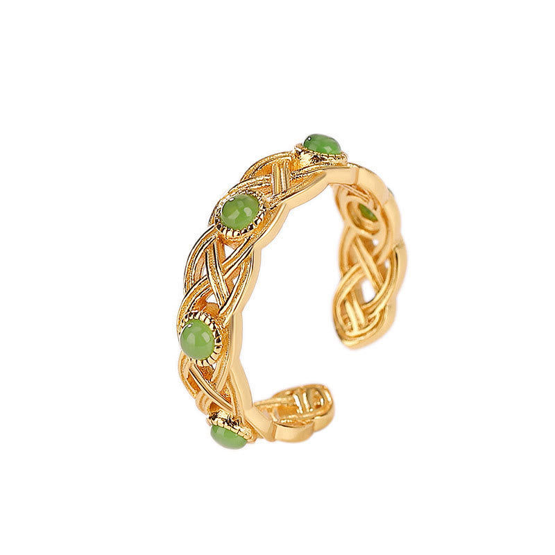 Wear FengShui 925 Sterling Silver Plated Gold Cyan Jade Braided Design Success Luck Adjustable Ring