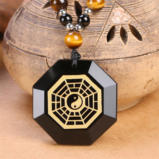 Wear FengShui Bagua Yin Yang Black Obsidian Purification Beaded Necklace Pendant