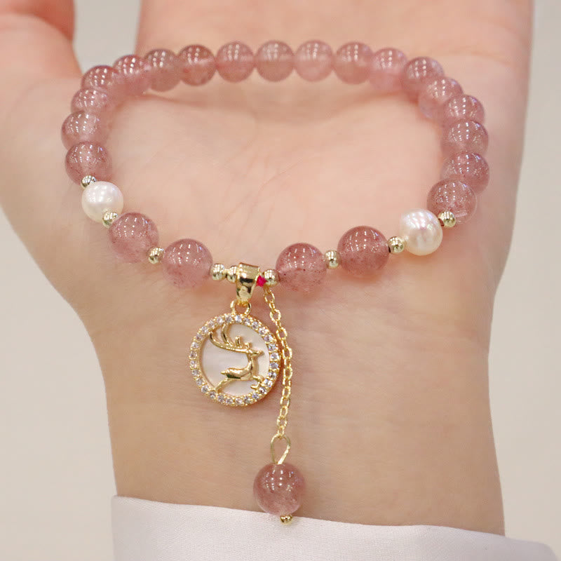 Wear FengShui Strawberry Quartz Pearl Elk Smiley Face Fishtail Fu Character Charm Healing Bracelet