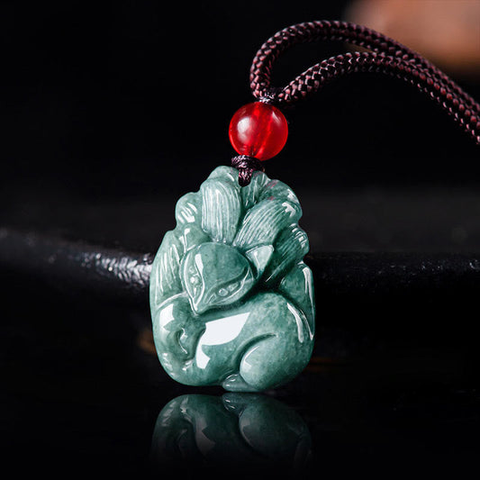 Wear FengShui Natural Green Jade Nine Tailed Fox Engraved Prosperity Necklace Pendant
