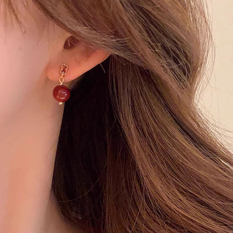 Wear FengShui 925 Sterling Silver Posts 14K Gold Filled Cinnabar Bead Zircon Calm Earrings
