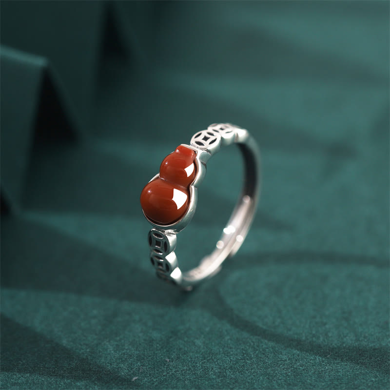 Wear FengShui 925 Sterling Silver Red Agate Gourd Copper Coin Self-acceptance Ring