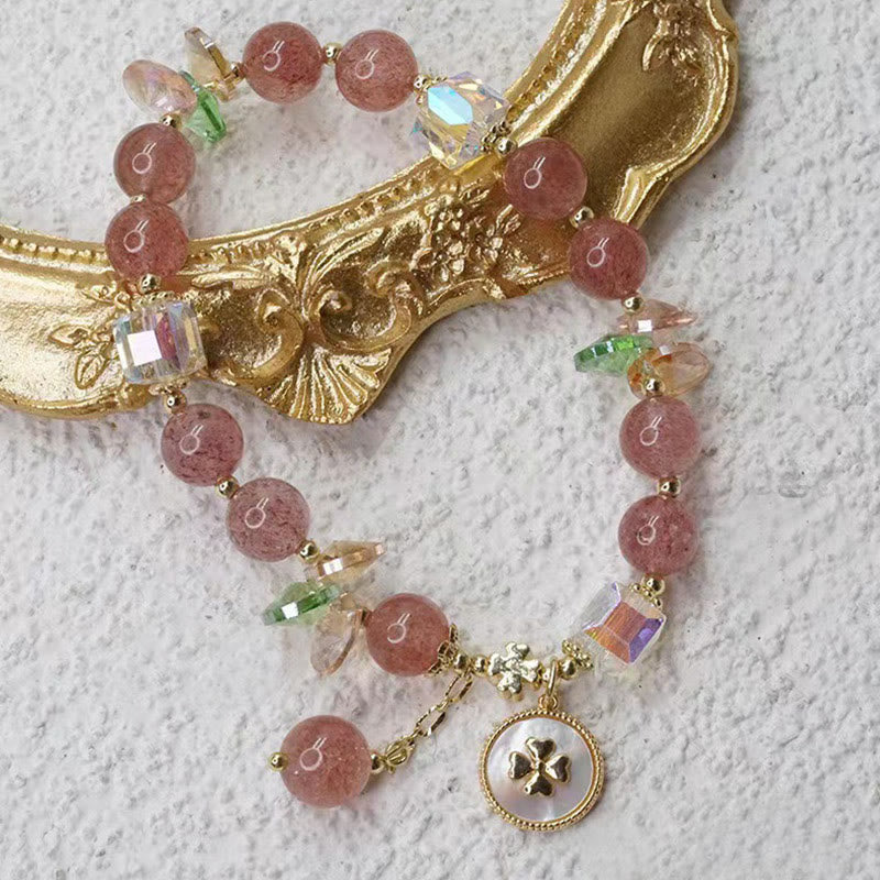 Wear FengShui Strawberry Quartz Lucky Four Leaf Clover Healing Charm Bracelet