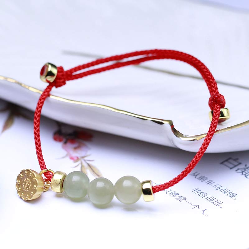 Wear FengShui Natural Jade Lotus Seed Strength Red String Weave Bracelet