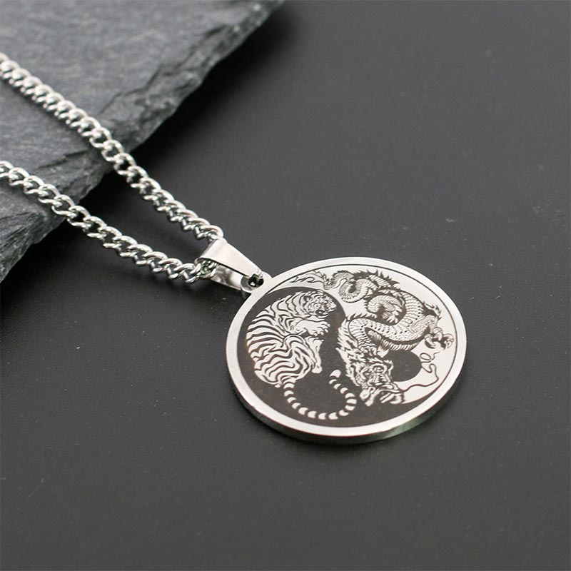 Wear FengShui Tiger Dragon Titanium Steel Chain Necklace Harmony Pendant