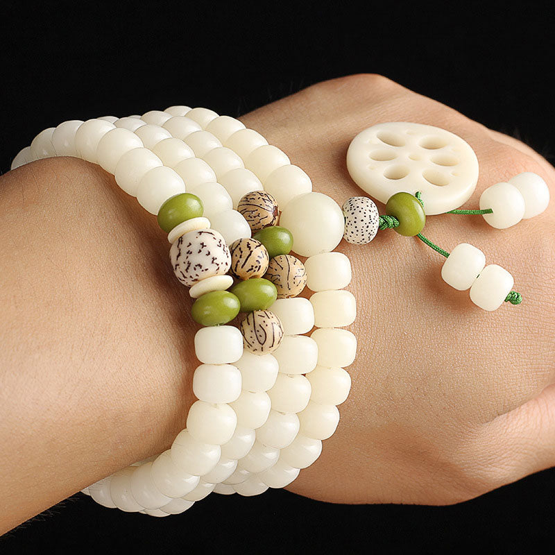 Wear FengShui White Bodhi Seed Mala 108 Beads Luck Bracelet