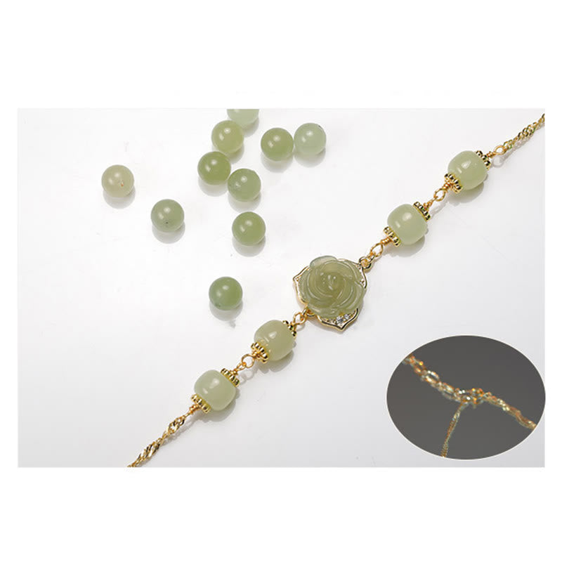 Wear FengShui 14K Gold Plated Hetian Jade Rose Flower Luck Chain Bracelet