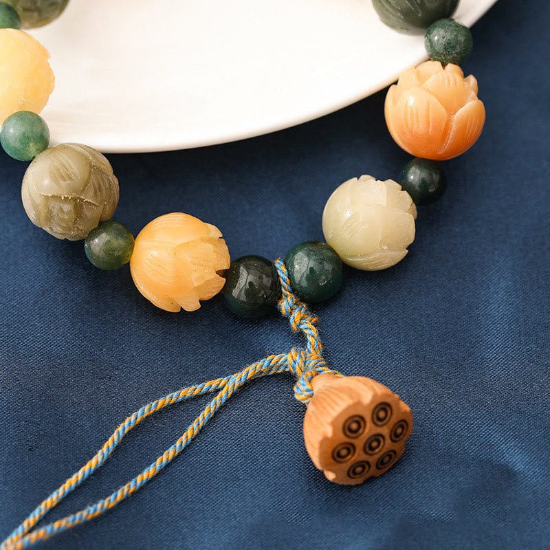 Wear FengShui Bodhi Seed Lotus Bead Engraved Moss Agate Peace Calm Bracelet