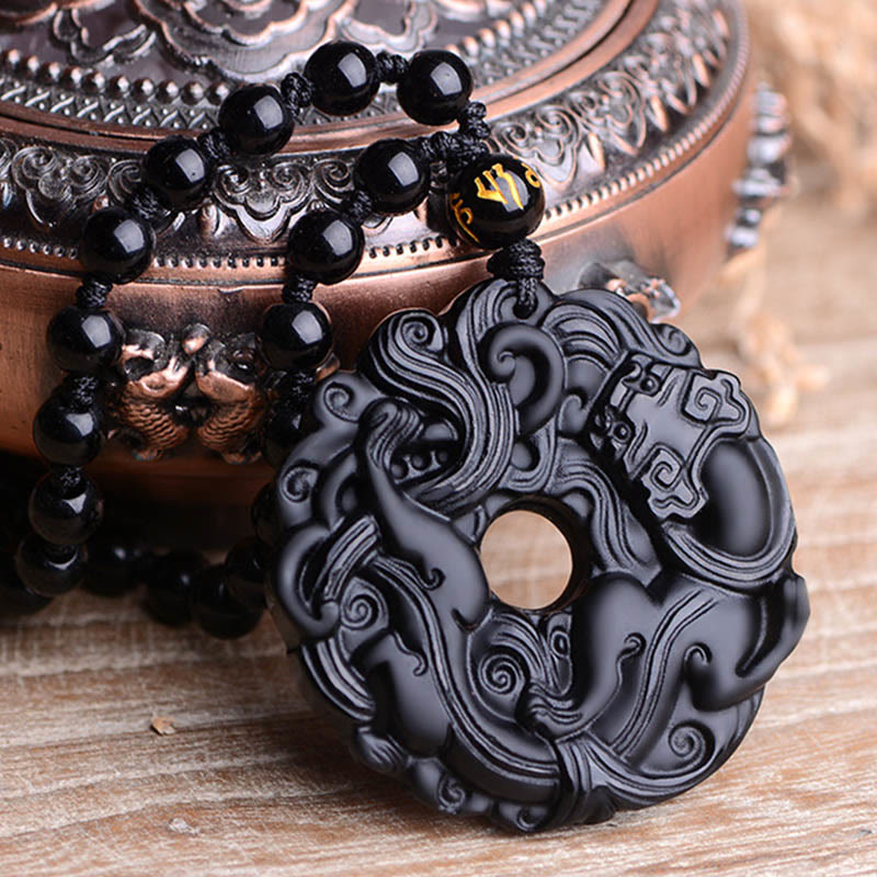 Wear FengShui Natural Black Obsidian Peace Buckle Pixiu Purification Necklace Pendant