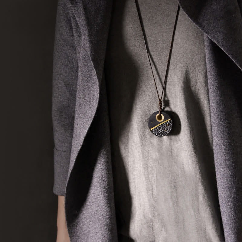 Wear FengShui Handcrafted Round Ebony Wood Brass Copper Peace Necklace Pendant